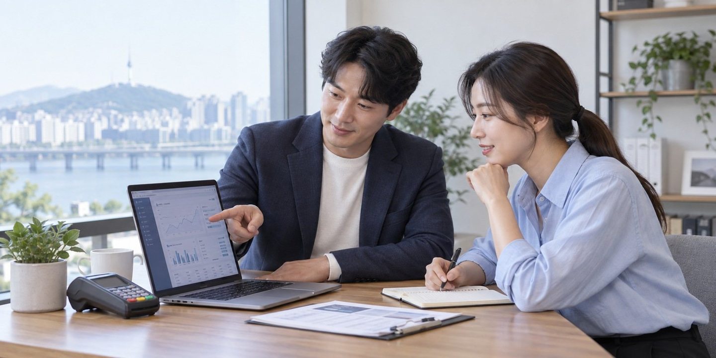 노트북 화면을 함께 확인하는 두 사람 — 배달대행 PG사 수수료 라이더 몫은 먼저 나가도, 대금은 그날이나 다음 날 받으세요.
