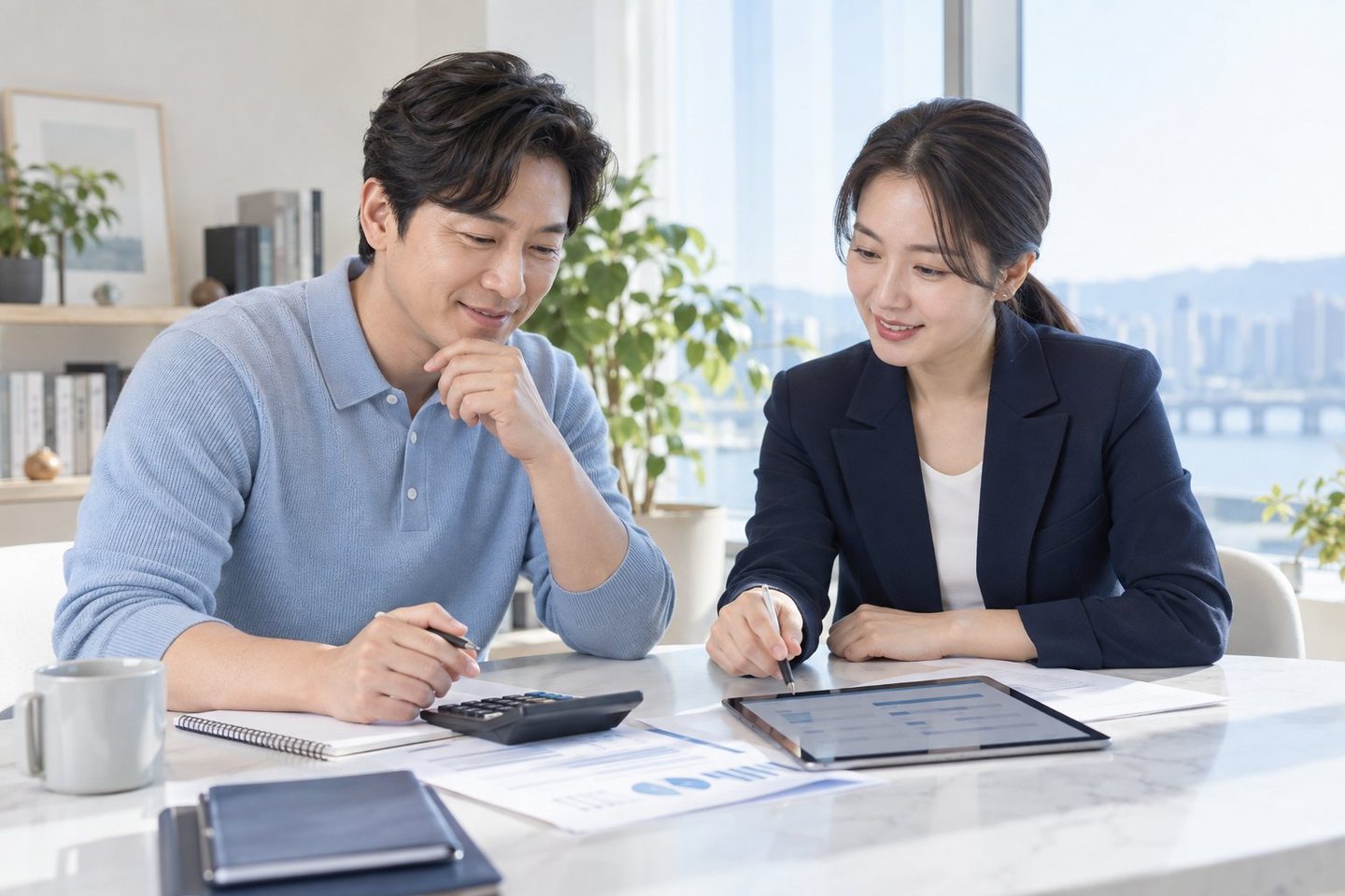 테이블에서 계약 내용을 확인하는 두 사람 — 배달대행 PG사 수수료 개통 비용개통 비용, 여는 날 지사 돈은 나가지 않아요. 연락 주시면 0원인 줄부터 짚어 드려요.