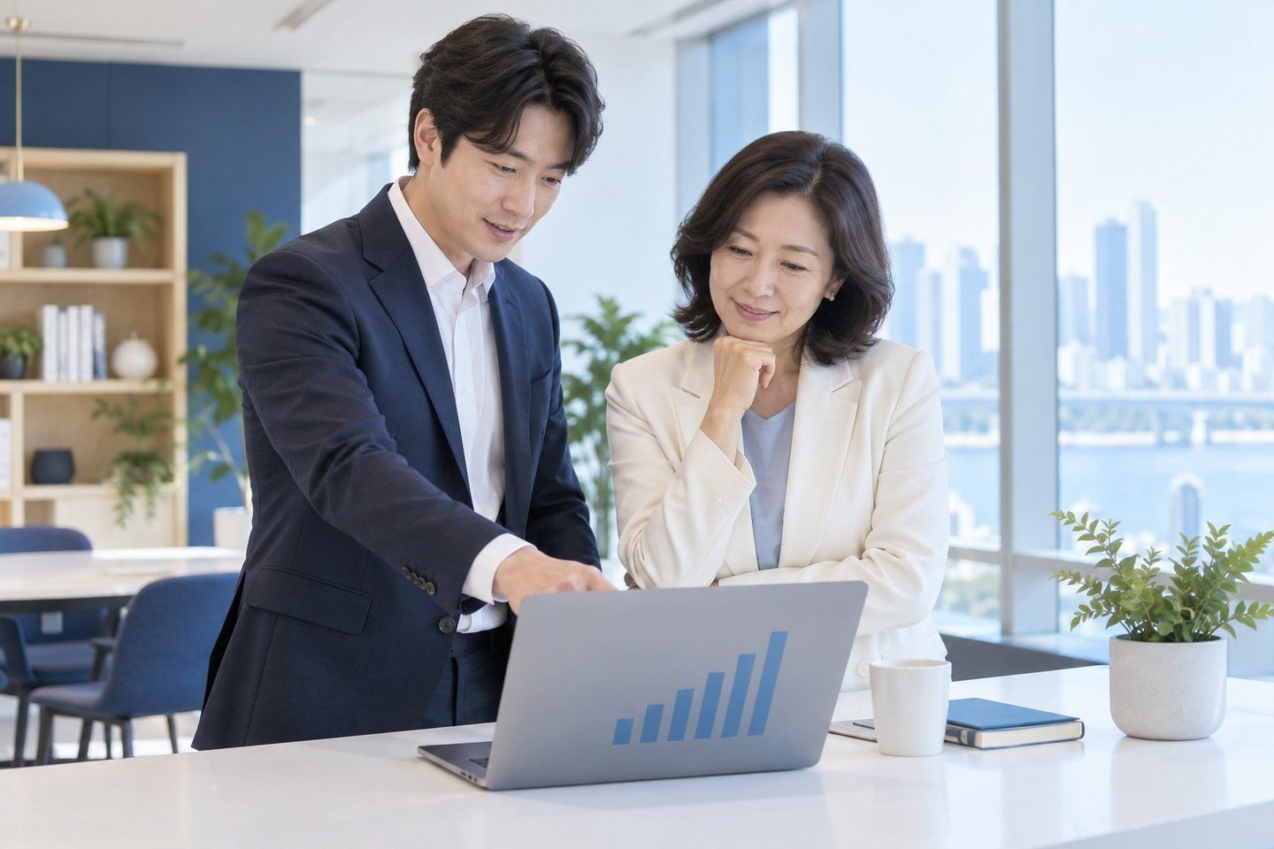 노트북 화면을 가리키며 계약을 설명하는 두 사람 — 배달대행 PG사 수수료 라이더 몫이 나가는 요일이 입금 날짜를 정해 줍니다.