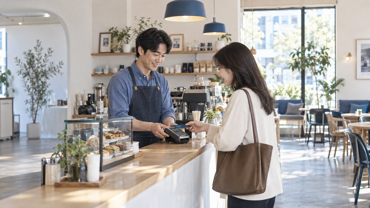 매장 직원과 고객이 결제 내용을 확인하는 장면 — 배달대행 PG사 수수료 타사 조건타사 조건, 네 줄로 펴 놓아야 차이가 드러나요. 연락 주시면 줄부터 같이 맞춰 드려요.
